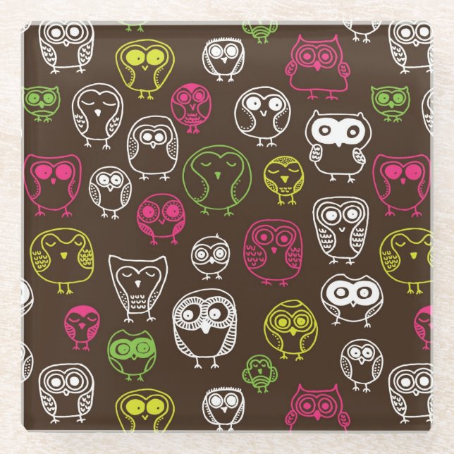 Colourful owl doodle background pattern glass coaster (Front)