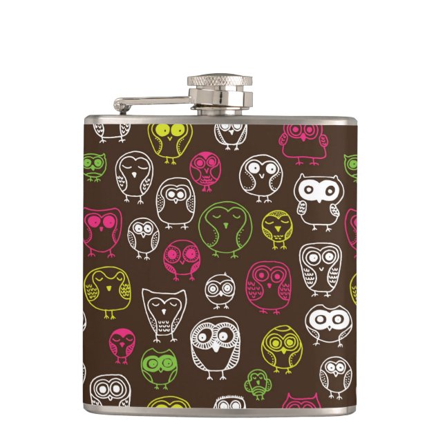 Colourful owl doodle background pattern hip flask (Front)