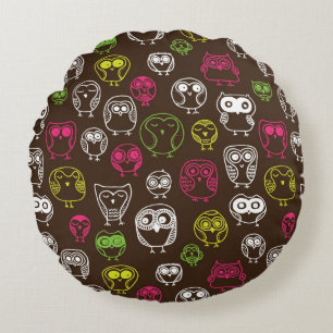 Colourful owl doodle background pattern round cushion