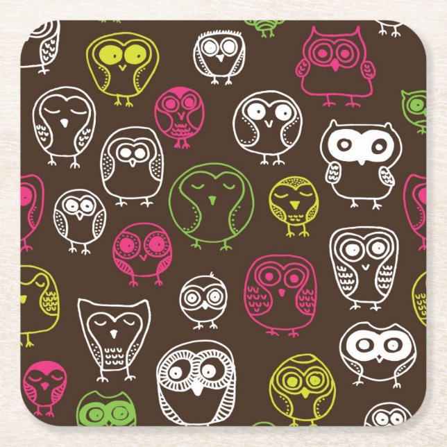 Colourful owl doodle background pattern square paper coaster (Front)