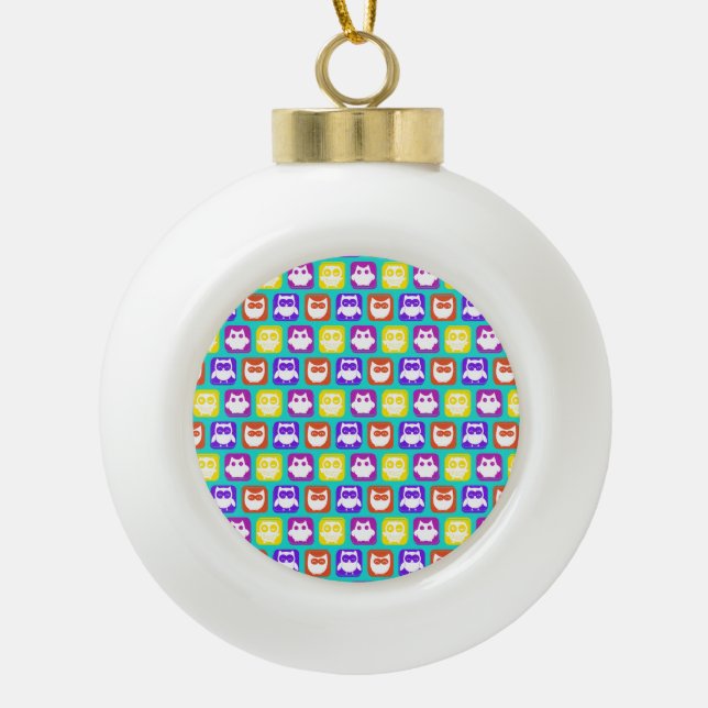 Colourful Owl Pattern Ceramic Ball Christmas Ornament (Front)