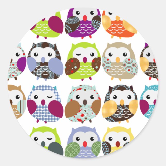 Colourful Owl Pattern Classic Round Sticker (Front)