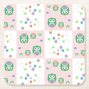 Colourful Owl Pattern For Kids Square Paper Coaster
