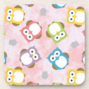 Colourful Owl pattern on a Pink Background Coaster
