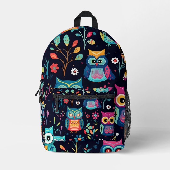Colourful owl pattern Printed Backpack (Front)