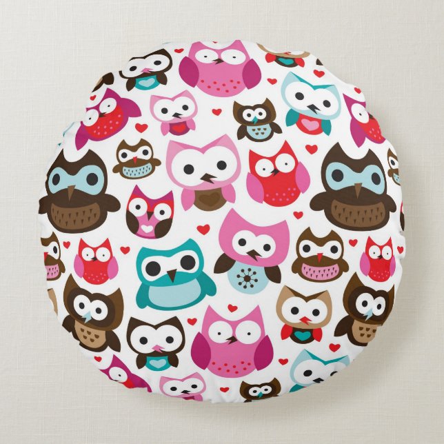 colourful owl pattern round cushion (Front)