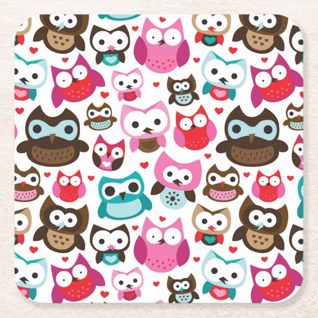 colourful owl pattern square paper coaster (Front)