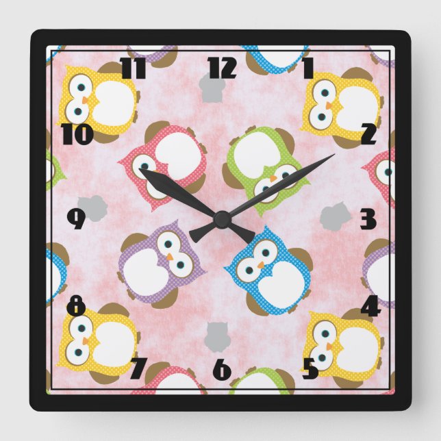 Colourful Owl pattern Square Wall Clock (Front)