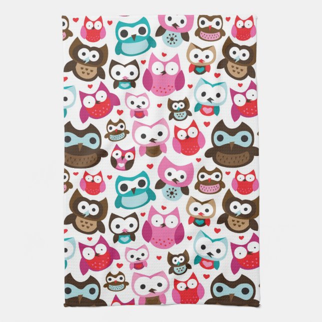 colourful owl pattern tea towel (Vertical)
