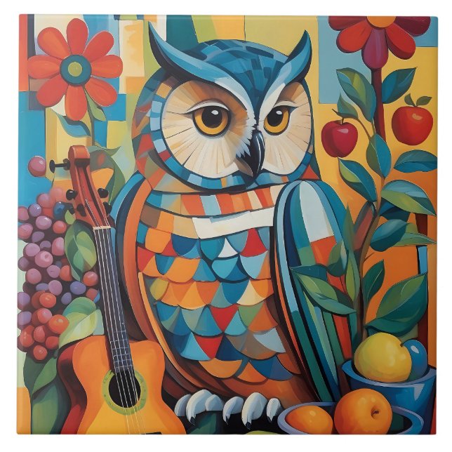 Colourful Owl Still life Portrait Ceramic Tile (Front)
