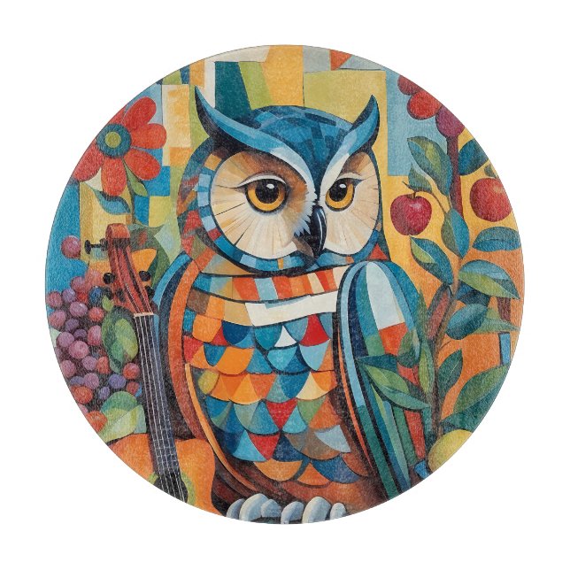 Colourful Owl Still life Portrait Cutting Board (Front)