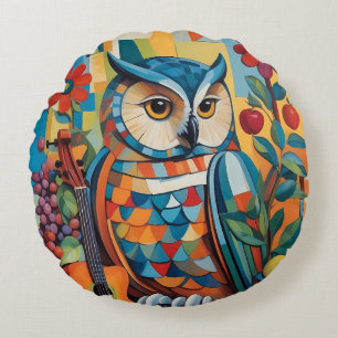 Colourful Owl Still life Portrait Round Cushion