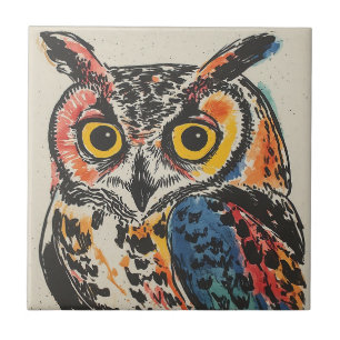 Colourful Owl Watercolor Ceramic Tile