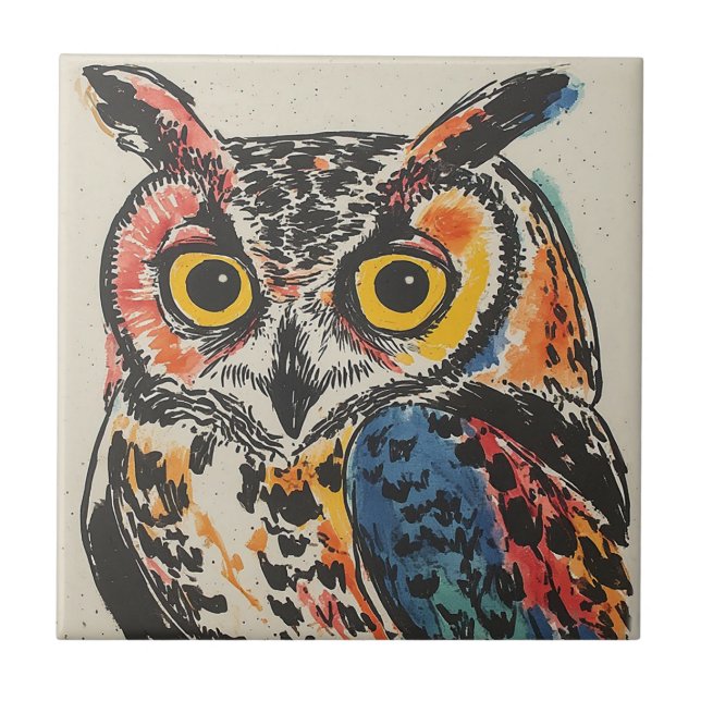 Colourful Owl Watercolor Ceramic Tile (Front)