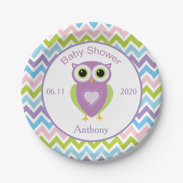 Colourful owl, zigzag pattern baby shower Plate (Front)