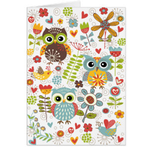 Colourful Owls and Flowers Happy Card