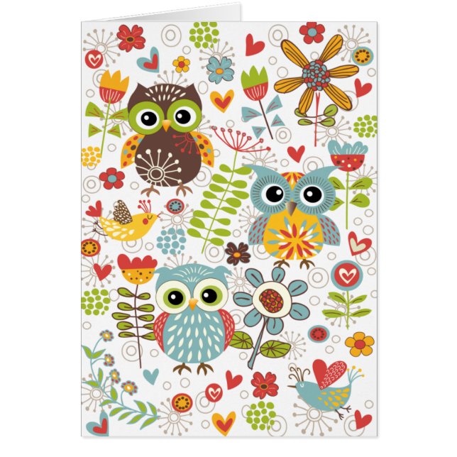 Colourful Owls and Flowers Happy Card (Front)