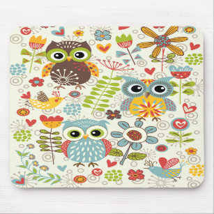 Colourful Owls and Flowers Happy Mousepad