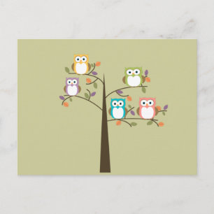 Colourful Owls in Pretty Tree Calender Postcard