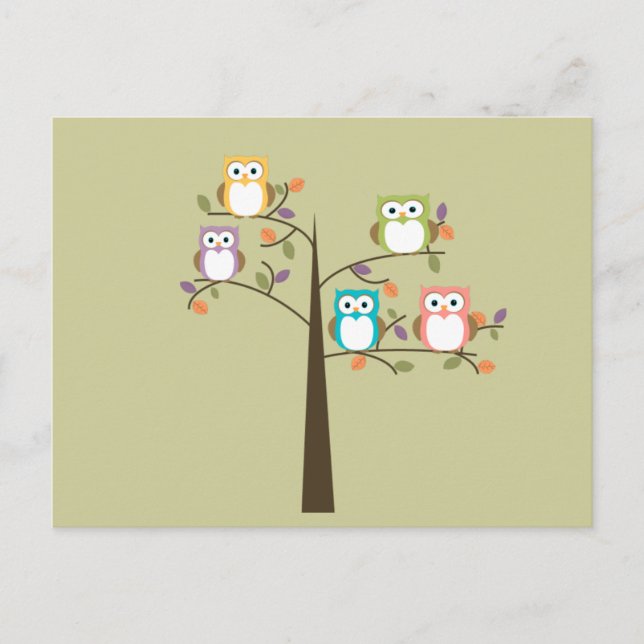 Colourful Owls in Pretty Tree Cue Cards (Front)