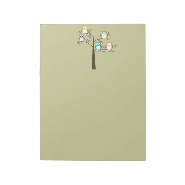 Colourful Owls in Pretty Tree Notepad (Rotated)