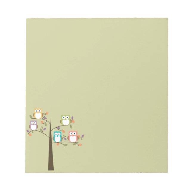 Colourful Owls in Pretty Tree Notepad (Front)