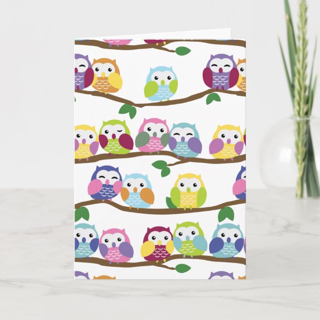 Colourful owls on a branch card (Front)