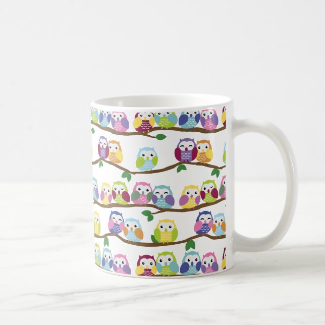 Colourful owls on a branch coffee mug (Right)