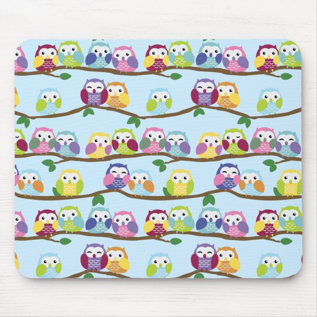 Colourful owls on a branch mouse pad (Front)