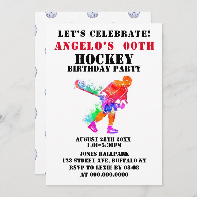 Colourful Paint Hockey Theme Birthday Party Invite (Front/Back)