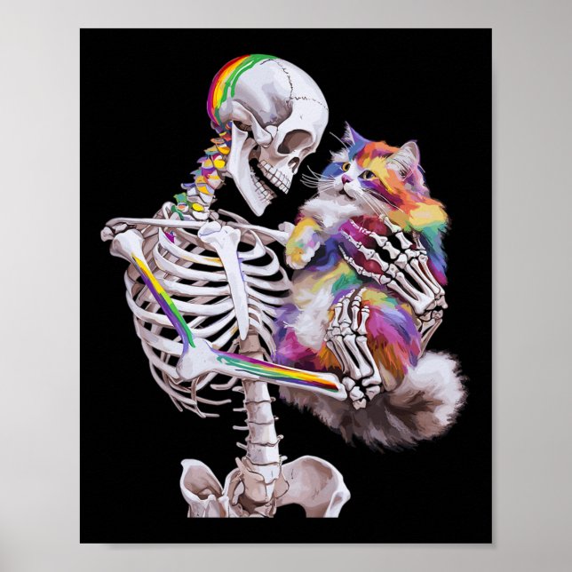 Colourful Paint Splash Cat And Skeleton Art Graphi Poster (Front)