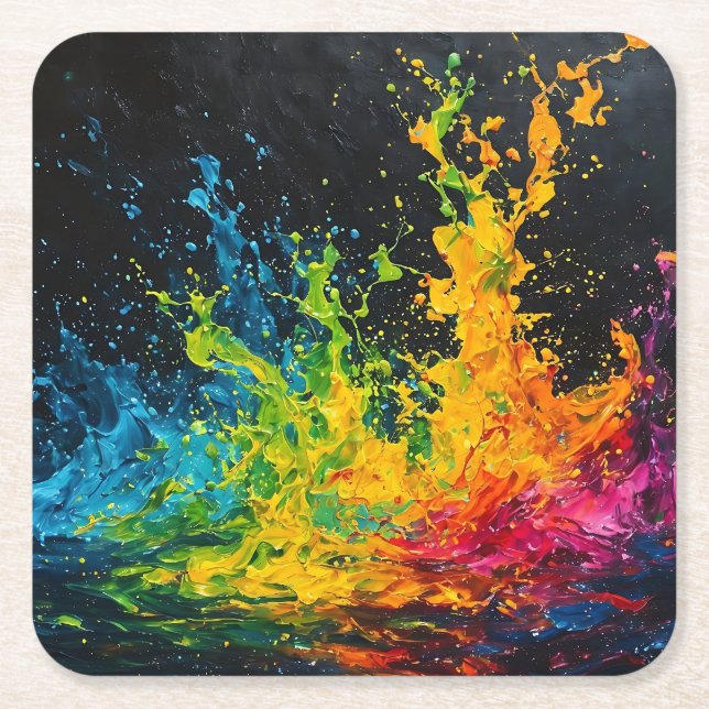 Colourful Paint Splash Square Paper Coaster (Front)
