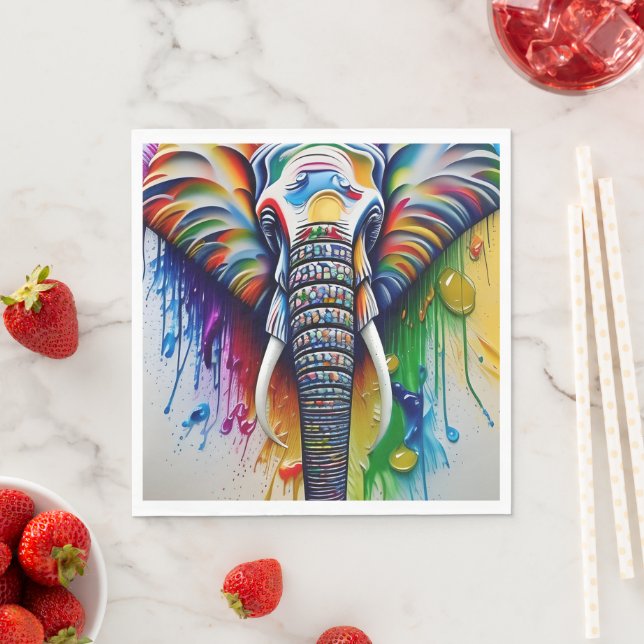 Colourful Paint Splatter African Elephant Napkin (Insitu)