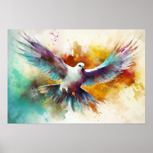 Colourful Paint Splatter Flying Dove Poster (Front)
