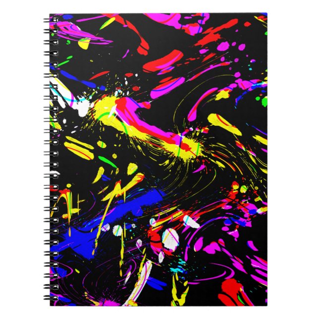 Colourful Paint Splatter Pattern On Black Notebook (Front)
