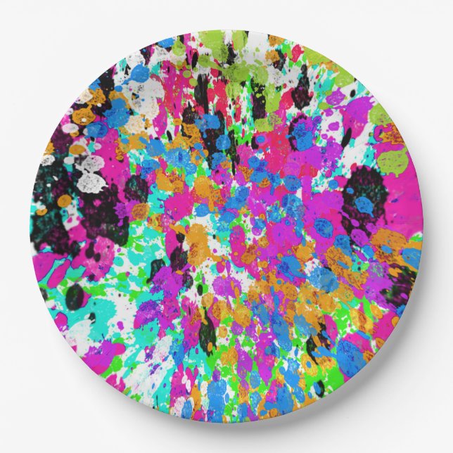 Colourful Paint Splatters Artistic Paper Plate (Front)