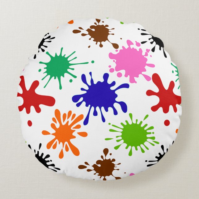 Colourful Paint Splatters Pattern in White Round Cushion (Front)