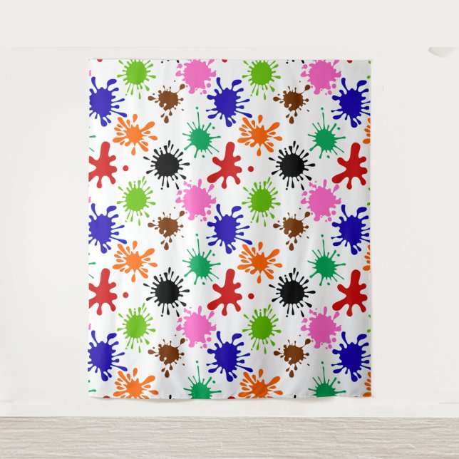 Colourful Paint Splatters Pattern in White Tapestry (Front)
