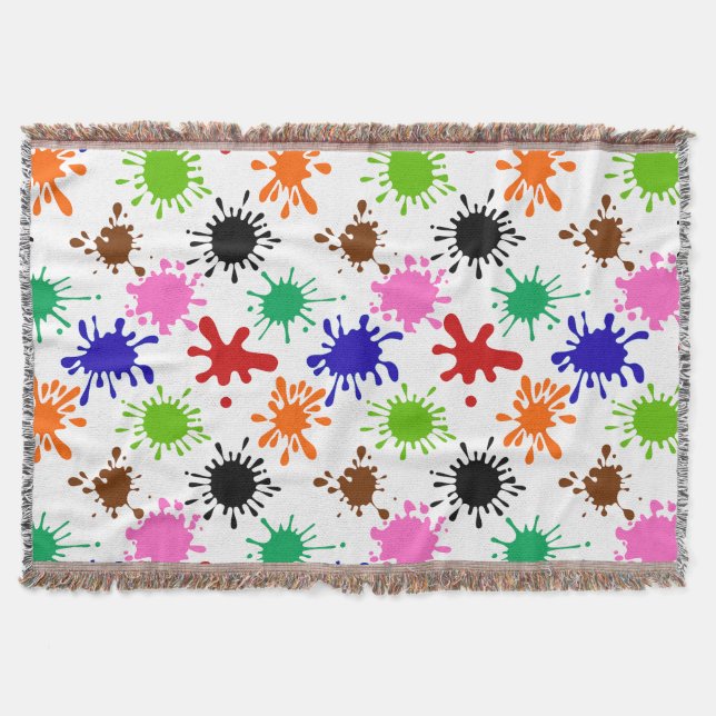 Colourful Paint Splatters Pattern in White Throw Blanket (Front)