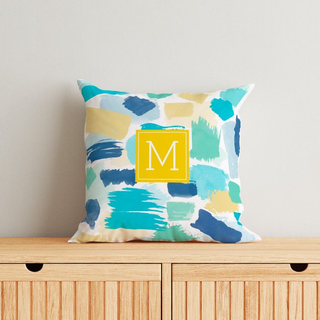 Colourful Paint Strokes and Yellow Monogram Cushion (Creator Uploaded)
