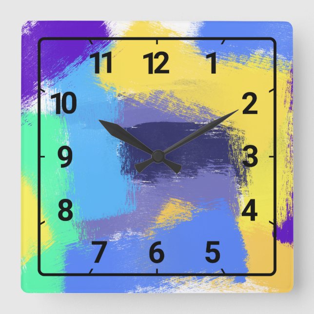 Colourful paint strokes square wall clock (Front)