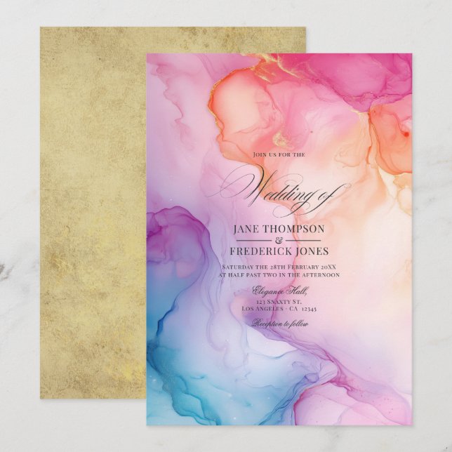 Colourful Paint Swirls with Gold Accents Wedding Invitation (Front/Back)