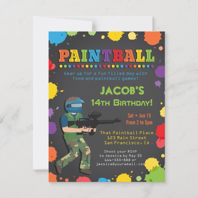 Colourful Paintball Birthday Party Invitations (Front)