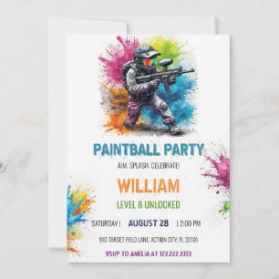 Colourful Paintball Gamer Boy 8th Birthday Invitation