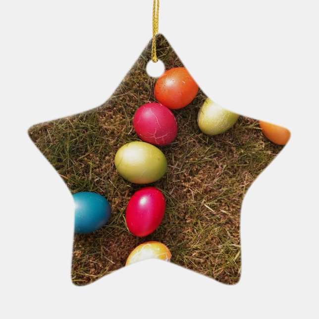 Colourful Painted Eggs in Garden, Easter Egg Ceramic Ornament (Front)