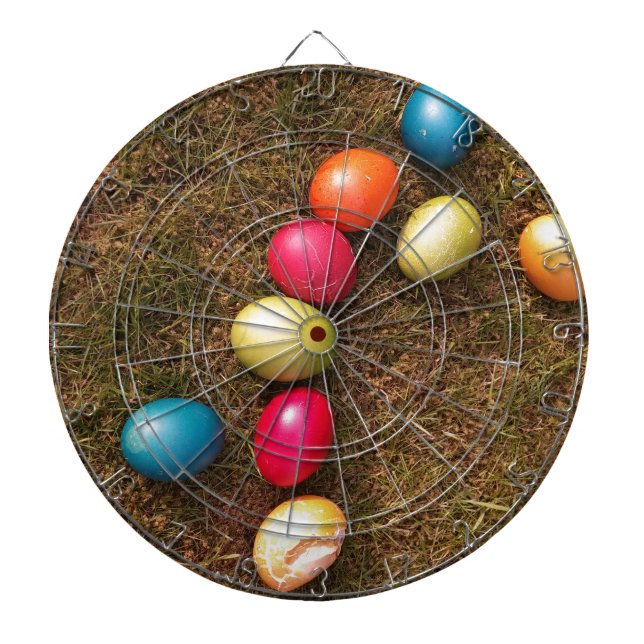 Colourful Painted Eggs in Garden, Easter Egg Dartboard (Front)