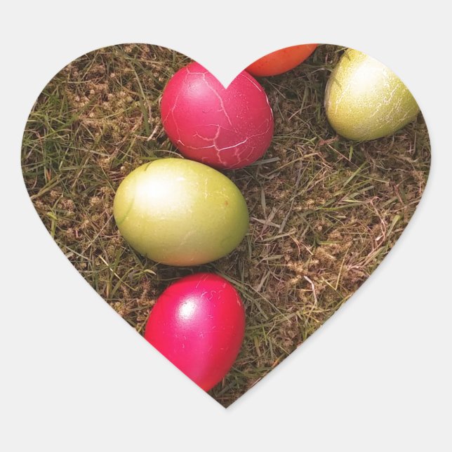 Colourful Painted Eggs in Garden, Easter Egg Heart Sticker (Front)