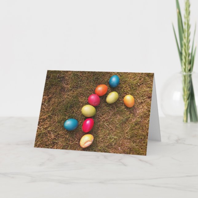 Colourful Painted Eggs in Garden, Easter Egg Holiday Card (Front)