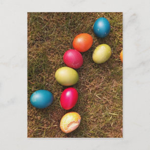 Colourful Painted Eggs in Garden, Easter Egg Holiday Postcard