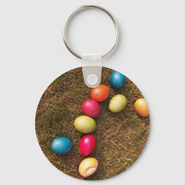 Colourful Painted Eggs in Garden, Easter Egg Key Ring (Front)